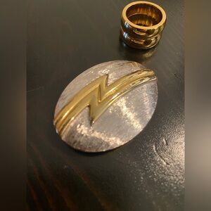 VTG Monet Oval Brushed Silver Gold Tone Lightning Brooch & Costume Chunky Ring